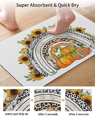 Thanksgiving Day Super Absorbent Bath Rugs for Bathroom,Durable Floor Mat Laundry Rug, Clearance Mats for for Kitchen, Non Slip Carpt Doormats 20"x32", Leopard Pumpkins Sunflowers Fall Theme