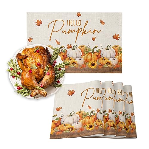 Thanksgiving Fall Pumpkin Sunflower Placemats Set of 4,Heat-Proof Non-Slip Place Mat Maple Leaves on Burlap Linen,Washable Dining Table Mats for Kitchen Dining Holiday Party Decorations