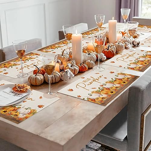 Thanksgiving Fall Pumpkin Sunflower Placemats Set of 4,Heat-Proof Non-Slip Place Mat Maple Leaves on Burlap Linen,Washable Dining Table Mats for Kitchen Dining Holiday Party Decorations