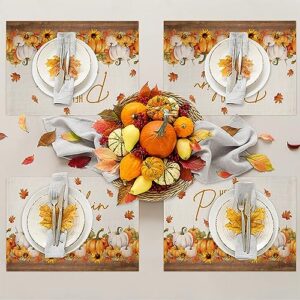 Thanksgiving Fall Pumpkin Sunflower Placemats Set of 4,Heat-Proof Non-Slip Place Mat Maple Leaves on Burlap Linen,Washable Dining Table Mats for Kitchen Dining Holiday Party Decorations