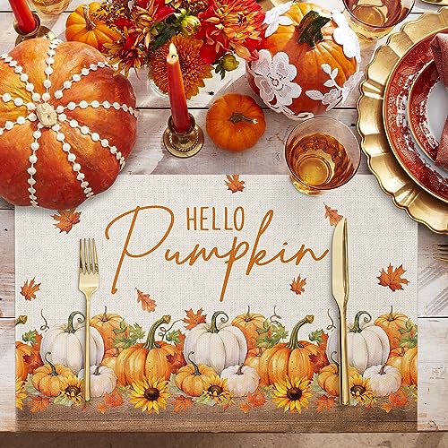 Thanksgiving Fall Pumpkin Sunflower Placemats Set of 4,Heat-Proof Non-Slip Place Mat Maple Leaves on Burlap Linen,Washable Dining Table Mats for Kitchen Dining Holiday Party Decorations