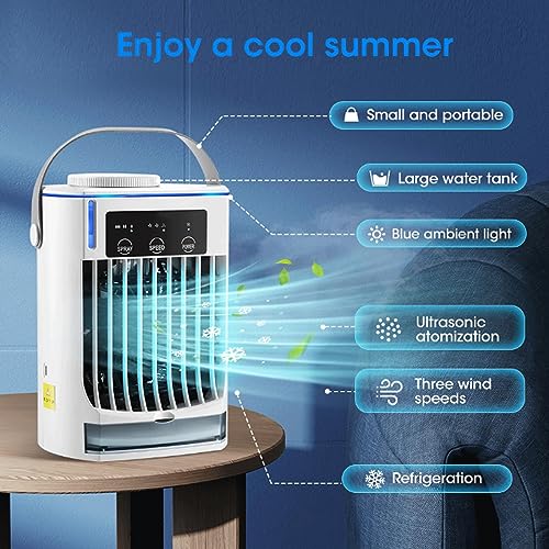 Portable Fan, 500ml Tent Air Conditioner - Personal Fan with Blue Atmosphere Light, 3 Mist Modes - Camping Air Conditioner for Room Bedroom Office Home Tent