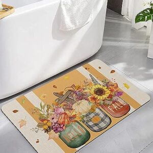 Bath Mat for Bathroom Non Slip Thanksgiving Fall Sunflowers Pumpkin Autumn Plants Diatomaceous Earth Bath Mats Highly Absorbent Door Mat Diatom Mud Washable Bathroom Mat for Tub Shower 18x30 Inch