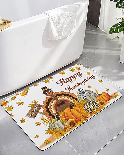 KITHOME Bath Mat for Bathroom Non Slip Thanksgiving Farm Turkey Pumpkin Sunflowers Diatomaceous Earth Bath Mats Highly Absorbent Door Mat Diatom Mud Washable Bathroom Mat for Tub Shower 16x24 Inch