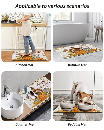 KITHOME Bath Mat for Bathroom Non Slip Thanksgiving Farm Turkey Pumpkin Sunflowers Diatomaceous Earth Bath Mats Highly Absorbent Door Mat Diatom Mud Washable Bathroom Mat for Tub Shower 16x24 Inch