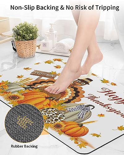 KITHOME Bath Mat for Bathroom Non Slip Thanksgiving Farm Turkey Pumpkin Sunflowers Diatomaceous Earth Bath Mats Highly Absorbent Door Mat Diatom Mud Washable Bathroom Mat for Tub Shower 16x24 Inch