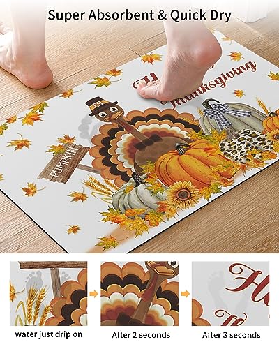 KITHOME Bath Mat for Bathroom Non Slip Thanksgiving Farm Turkey Pumpkin Sunflowers Diatomaceous Earth Bath Mats Highly Absorbent Door Mat Diatom Mud Washable Bathroom Mat for Tub Shower 16x24 Inch