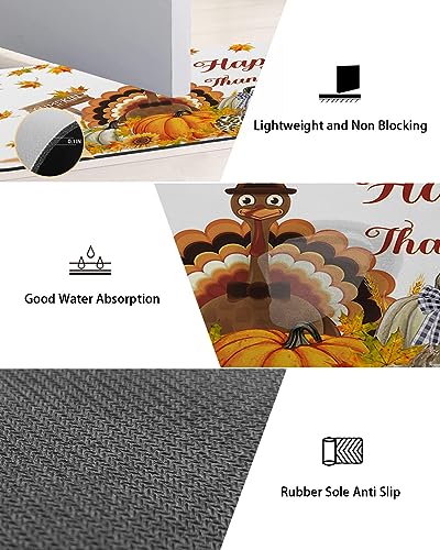 KITHOME Bath Mat for Bathroom Non Slip Thanksgiving Farm Turkey Pumpkin Sunflowers Diatomaceous Earth Bath Mats Highly Absorbent Door Mat Diatom Mud Washable Bathroom Mat for Tub Shower 16x24 Inch