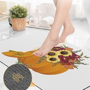 KITHOME Bath Mat for Bathroom Non Slip Thanksgiving Pumpkin Sunflowers Diatomaceous Earth Bath Mats Highly Absorbent Door Mat Diatom Mud Washable Bathroom Mat for Tub Shower 16x24 Inch