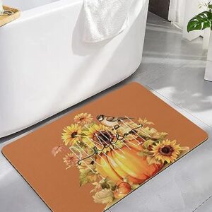 Bathroom Floor Shower Mat, Non-Slip Small Rugs - Easy to Clean, Fall Thanksgiving Pumpkin Sunflower Bird Brown Background Durable Bath Rug 16"x24" Washable Quick Dry Mats for Bathtubs