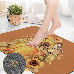 Bathroom Floor Shower Mat, Non-Slip Small Rugs - Easy to Clean, Fall Thanksgiving Pumpkin Sunflower Bird Brown Background Durable Bath Rug 16"x24" Washable Quick Dry Mats for Bathtubs