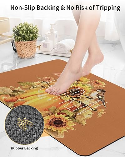 Bathroom Floor Shower Mat, Non-Slip Small Rugs - Easy to Clean, Fall Thanksgiving Pumpkin Sunflower Bird Brown Background Durable Bath Rug 16"x24" Washable Quick Dry Mats for Bathtubs