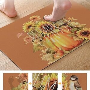 Bathroom Floor Shower Mat, Non-Slip Small Rugs - Easy to Clean, Fall Thanksgiving Pumpkin Sunflower Bird Brown Background Durable Bath Rug 16"x24" Washable Quick Dry Mats for Bathtubs