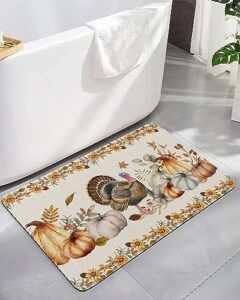 bathroom floor shower mat, non-slip small rugs - easy to clean, harvest turkey with pumpkins and sunflowers maple leaves durable bath rug 16"x24" washable quick dry mats for bathtubs