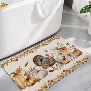 Bathroom Floor Shower Mat, Non-Slip Small Rugs - Easy to Clean, Harvest Turkey with Pumpkins and Sunflowers Maple Leaves Durable Bath Rug 16"x24" Washable Quick Dry Mats for Bathtubs