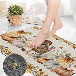 Bathroom Floor Shower Mat, Non-Slip Small Rugs - Easy to Clean, Harvest Turkey with Pumpkins and Sunflowers Maple Leaves Durable Bath Rug 16"x24" Washable Quick Dry Mats for Bathtubs