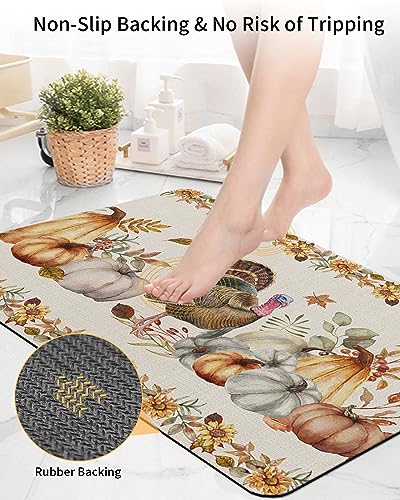 Bathroom Floor Shower Mat, Non-Slip Small Rugs - Easy to Clean, Harvest Turkey with Pumpkins and Sunflowers Maple Leaves Durable Bath Rug 16"x24" Washable Quick Dry Mats for Bathtubs