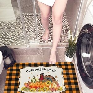 Bathroom Floor Shower Mat, Non-Slip Small Rugs - Easy to Clean, Thanksgiving Turkey Fall Pumpkin and Sunflowers Durable Bath Rug 18"x30" Washable Quick Dry Diatomaceous Earth Mats for Bathtubs