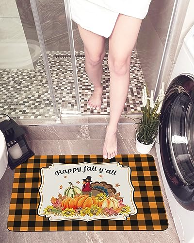 Bathroom Floor Shower Mat, Non-Slip Small Rugs - Easy to Clean, Thanksgiving Turkey Fall Pumpkin and Sunflowers Durable Bath Rug 18"x30" Washable Quick Dry Diatomaceous Earth Mats for Bathtubs