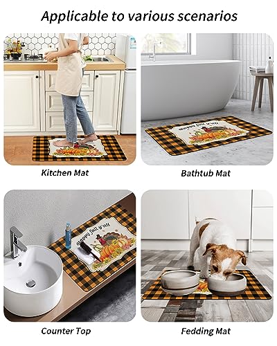 Bathroom Floor Shower Mat, Non-Slip Small Rugs - Easy to Clean, Thanksgiving Turkey Fall Pumpkin and Sunflowers Durable Bath Rug 18"x30" Washable Quick Dry Diatomaceous Earth Mats for Bathtubs