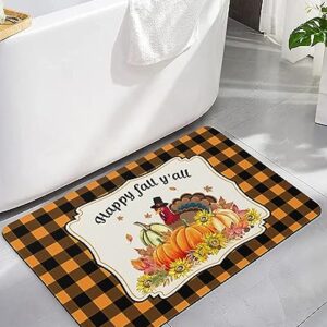 Bathroom Floor Shower Mat, Non-Slip Small Rugs - Easy to Clean, Thanksgiving Turkey Fall Pumpkin and Sunflowers Durable Bath Rug 18"x30" Washable Quick Dry Diatomaceous Earth Mats for Bathtubs
