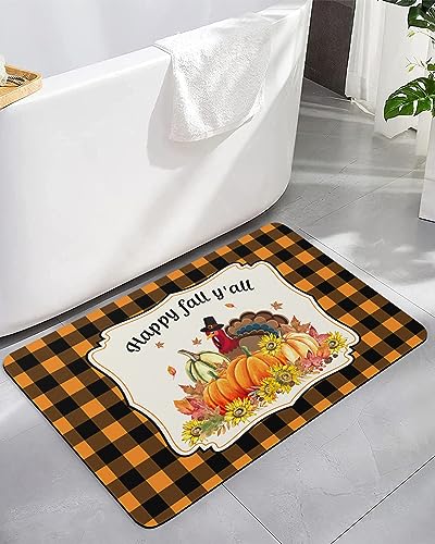 Bathroom Floor Shower Mat, Non-Slip Small Rugs - Easy to Clean, Thanksgiving Turkey Fall Pumpkin and Sunflowers Durable Bath Rug 18"x30" Washable Quick Dry Diatomaceous Earth Mats for Bathtubs