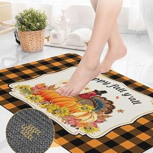 Bathroom Floor Shower Mat, Non-Slip Small Rugs - Easy to Clean, Thanksgiving Turkey Fall Pumpkin and Sunflowers Durable Bath Rug 18"x30" Washable Quick Dry Diatomaceous Earth Mats for Bathtubs