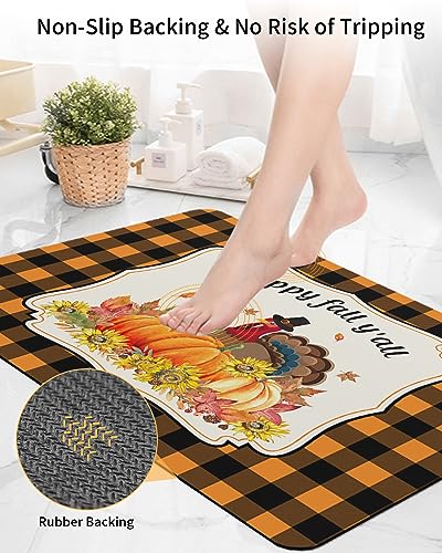 Bathroom Floor Shower Mat, Non-Slip Small Rugs - Easy to Clean, Thanksgiving Turkey Fall Pumpkin and Sunflowers Durable Bath Rug 18"x30" Washable Quick Dry Diatomaceous Earth Mats for Bathtubs