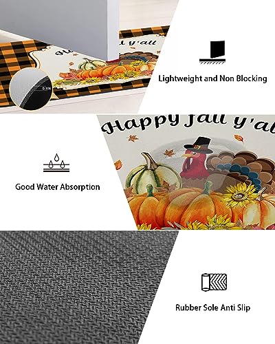 Bathroom Floor Shower Mat, Non-Slip Small Rugs - Easy to Clean, Thanksgiving Turkey Fall Pumpkin and Sunflowers Durable Bath Rug 18"x30" Washable Quick Dry Diatomaceous Earth Mats for Bathtubs