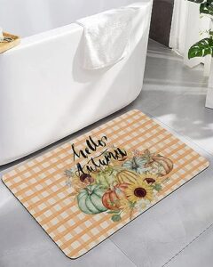 bathroom floor shower mat, non-slip small rugs - easy to clean, hello autumn thanksgiving pumpkin sunflower daisy pattern durable bath rug 20"x32" washable quick dry mats for bathtubs
