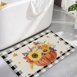 Bathroom Floor Shower Mat, Non-Slip Small Rugs - Easy to Clean, Thanksgiving Pumpkin Sunflower Maple Leaf Durable Bath Rug 16"x24" Washable Quick Dry Diatomaceous Earth Mats for Bathtubs