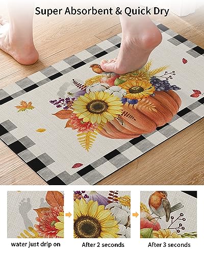 Bathroom Floor Shower Mat, Non-Slip Small Rugs - Easy to Clean, Thanksgiving Pumpkin Sunflower Maple Leaf Durable Bath Rug 16"x24" Washable Quick Dry Diatomaceous Earth Mats for Bathtubs