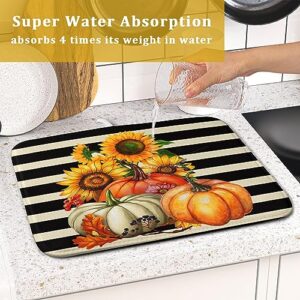 Sunflower Pumpkin Dish Drying Mat for Kitchen Counter,Black and White Stripe Drying Mat 16 x 18 Inch with Absorbent Reversible Microfiber Dish Drying Pad Dish Rack Drainer Mat for Coffee Bar