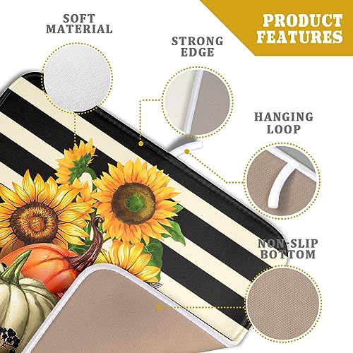 Sunflower Pumpkin Dish Drying Mat for Kitchen Counter,Black and White Stripe Drying Mat 16 x 18 Inch with Absorbent Reversible Microfiber Dish Drying Pad Dish Rack Drainer Mat for Coffee Bar