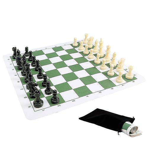 Portable Chess & Checkers Set, 42cm Tournament Chess Mat with Chess & Storage Bag, PU Leather Tournament Roll Up Chess Board Travel Chess Sets(Size:42cm)