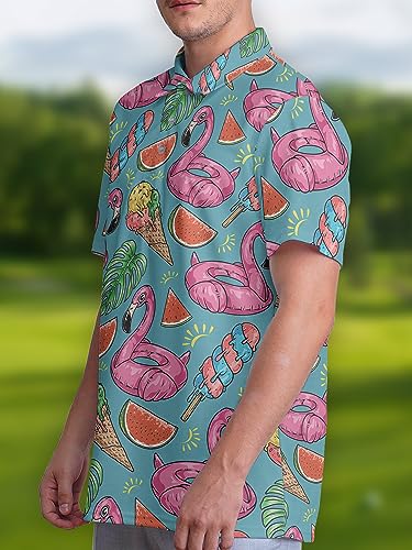 Rhodias Flamingo Shirt Flamingo Golf Shirt Floral Golf Shirts for Men Hawaiian Golf Blue Shirt Pink Ice Cream Watermelon