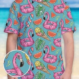 Rhodias Flamingo Shirt Flamingo Golf Shirt Floral Golf Shirts for Men Hawaiian Golf Blue Shirt Pink Ice Cream Watermelon