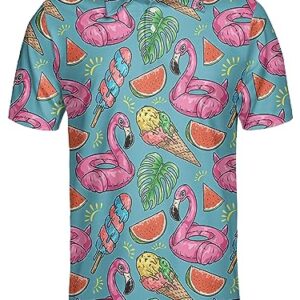 Rhodias Flamingo Shirt Flamingo Golf Shirt Floral Golf Shirts for Men Hawaiian Golf Blue Shirt Pink Ice Cream Watermelon