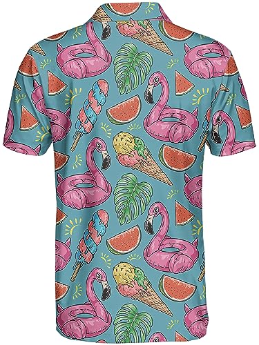 Rhodias Flamingo Shirt Flamingo Golf Shirt Floral Golf Shirts for Men Hawaiian Golf Blue Shirt Pink Ice Cream Watermelon