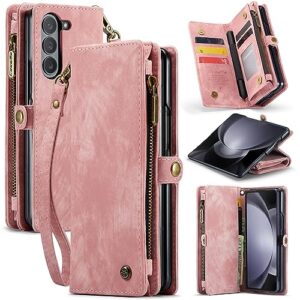 phone flip case wallet case compatible with samsung galaxy z fold 5,2 in 1 detachable premium leather magnetic zipper pouch wristlet flip phone case,matte soft leather+tpu bottom shell case w card hol