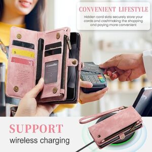 phone flip case Wallet Case Compatible with Samsung Galaxy Z Fold 5,2 in 1 Detachable Premium Leather Magnetic Zipper Pouch Wristlet Flip Phone Case,Matte Soft Leather+TPU Bottom Shell Case W Card Hol