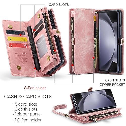 phone flip case Wallet Case Compatible with Samsung Galaxy Z Fold 5,2 in 1 Detachable Premium Leather Magnetic Zipper Pouch Wristlet Flip Phone Case,Matte Soft Leather+TPU Bottom Shell Case W Card Hol