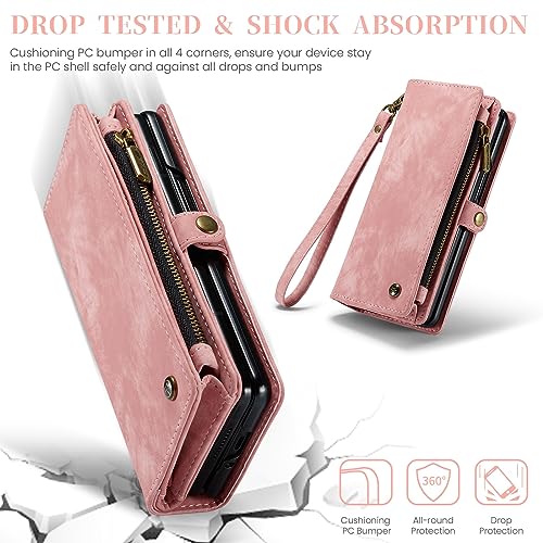 phone flip case Wallet Case Compatible with Samsung Galaxy Z Fold 5,2 in 1 Detachable Premium Leather Magnetic Zipper Pouch Wristlet Flip Phone Case,Matte Soft Leather+TPU Bottom Shell Case W Card Hol