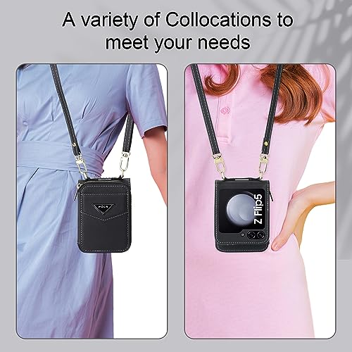 phone flip case Crossbody Wallet Case Compatible with Samsung Galaxy Z Flip 5, PU Leather Zipper Handbag Purse Flip Cover with Card Slots Holder Wrist Strap Lanyard Large Capacity Wallet Case phone co