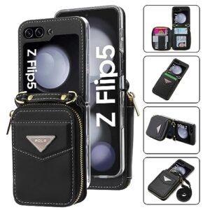 phone flip case Crossbody Wallet Case Compatible with Samsung Galaxy Z Flip 5, PU Leather Zipper Handbag Purse Flip Cover with Card Slots Holder Wrist Strap Lanyard Large Capacity Wallet Case phone co