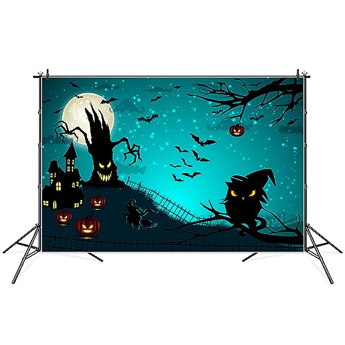 MOONDECO Photography Backdrop 7x5ft Halloween Party Props Black Tree Spider Owl Shadow Background Kids Pumpkin Lamp Ghost Fire Fly Bat Photo Booth