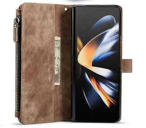 bybags wallet case for samsung galaxy z fold 4 3 hand strap premium pu leather phone case card slots magnetic zipper pocket stand cover,brown,for samsung z fold 3