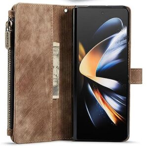 BybAgs Wallet Case for Samsung Galaxy Z Fold 4 3 Hand Strap Premium PU Leather Phone Case Card Slots Magnetic Zipper Pocket Stand Cover,Brown,for Samsung Z Fold 3