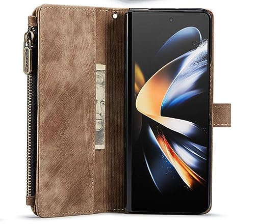 BybAgs Wallet Case for Samsung Galaxy Z Fold 4 3 Hand Strap Premium PU Leather Phone Case Card Slots Magnetic Zipper Pocket Stand Cover,Brown,for Samsung Z Fold 3