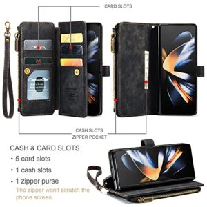 BybAgs Wallet Case for Samsung Galaxy Z Fold 4 3 Hand Strap Premium PU Leather Phone Case Card Slots Magnetic Zipper Pocket Stand Cover,Brown,for Samsung Z Fold 3